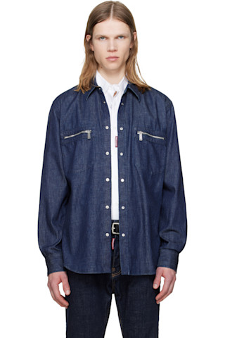 Blue Wet & Dry Wash Denim Biker Shirt by Dsquared2 on Sale
