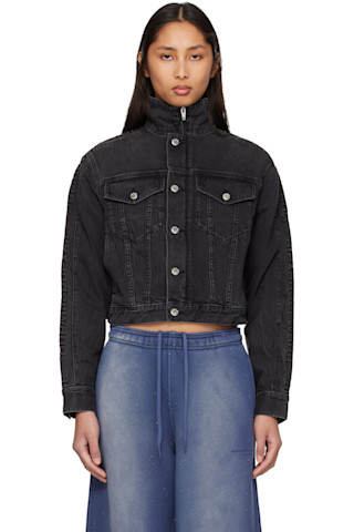ALEXANDER WANG ブロックチェック シャドーロゴクロップドジャケット Alexander Wang: ブラック Embossed Logo Pattern デニムジャケット
