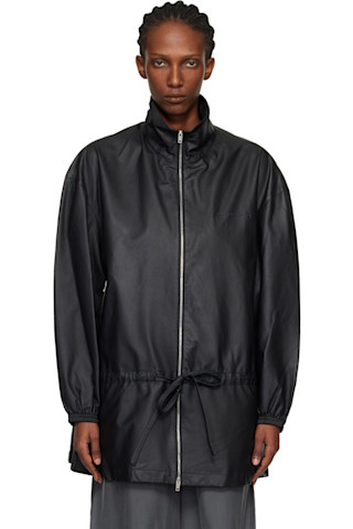 タグ付✨️Alexander wang レザージャケット ウエストシェイプ 0 Alexander Wang: Black Drop Waist Bonded Leather Jacket | SSENSE