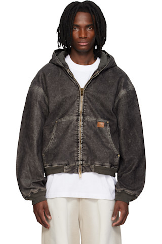 ALEXANDER WANG ブロックチェック シャドーロゴクロップドジャケット Alexander Wang: Black Flocked Oversized Carpenter Jacket | SSENSE