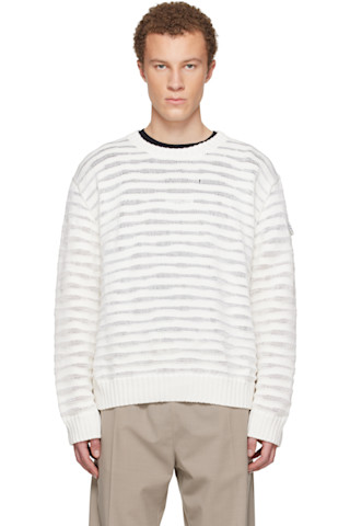 MM6 Maison Margiela: オフホワイト Open-Knit Stripe プルオーバー