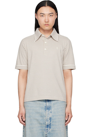 MM6 Maison Marglela シアーポロシャツ MM6 Maison Margiela: オフホワイト＆グレー ボーダー ポロシャツ