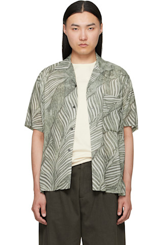 Green Leaf Pattern Printed Rayon Open Collar Shirt by YOKE on Sale
