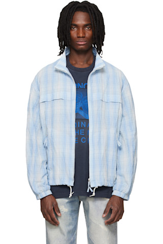 Solid Homme: Blue High Neck Check Blouson Jacket | SSENSE