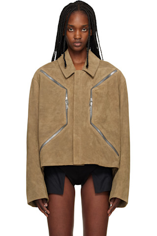 Rick Owens MADE IN ITALY ラムレザージャケット ベージュ Rick Owens: Beige Temple Heizer Mac Suede Jacket | SSENSE