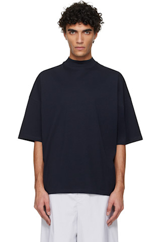 Jil Sander: ネイビー コットン モックネック Tシャツ | SSENSE 日本