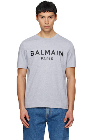 BALMAIN: Gray Printed Cotton T-shirt | SSENSE