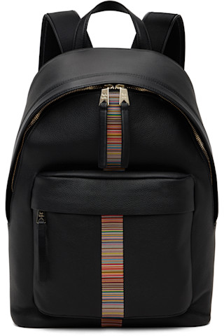 Paul Smith: ブラック レザー シグネチャー ストライプ トリム バック