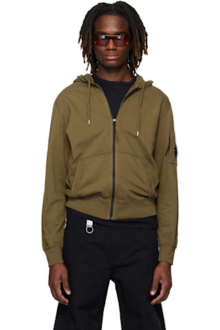 Khaki Light Fleece Zip Lens Hoodie by C.P. Company on Sale