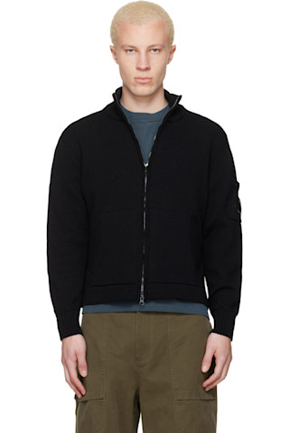 Black Compact Cotton Zipped Cardigan Sweater by C.P. Company on Sale