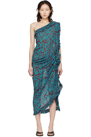 Dries Van Noten: Blue & Burgundy Graphic Midi Dress | SSENSE