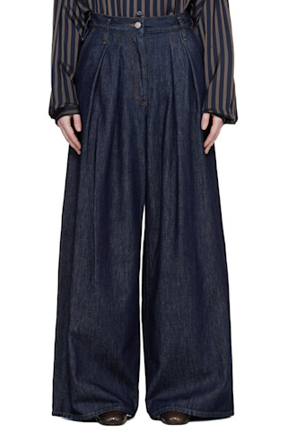 Indigo Wide Pleated Jeans by Dries Van Noten on Sale