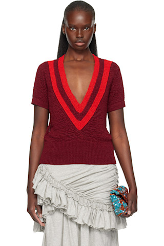 Dries Van Noten: Burgundy V-Neck Knit Sweater | SSENSE