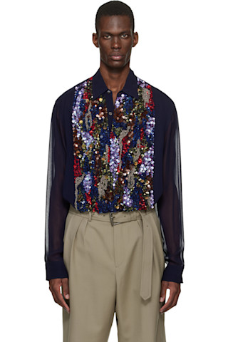 Dries Van Noten: ネイビー スパンコール シャツ | SSENSE 日本