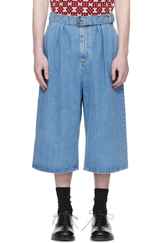 dries van noten 2タックショーツ　微ワイド Dries Van Noten: ブルー タック デニムショートパンツ | SSENSE 日本