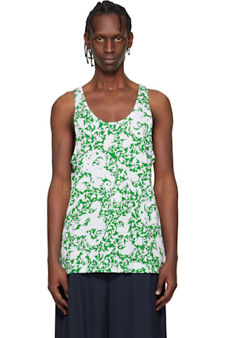 Dries Van Noten: グリーン＆ホワイト フローラル タンクトップ