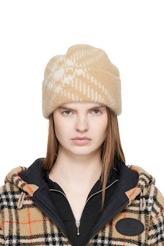 Burberry: Beige Check Mohair Wool Blend Beanie | SSENSE