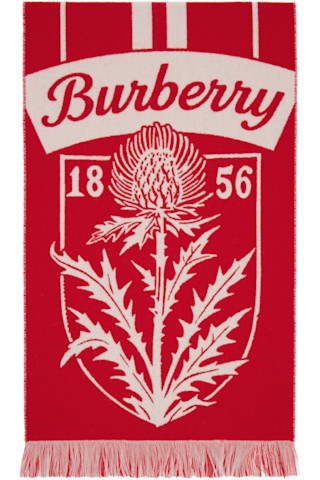 Burberry: Red Thistle Shield Wool Scarf | SSENSE