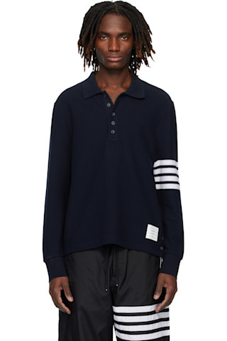 Thom Browne: ネイビー Textured Pique 4-Bar 長袖ポロシャツ | SSENSE
