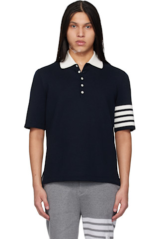THOM BROWNE ネイビー ポロシャツ Thom Browne: ネイビー Crest Intarsia Jacquard 4-Bar Rugby Fit