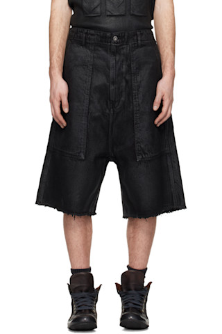 Black Waxed Fatigue Shorts by DET BLEV SENT on Sale