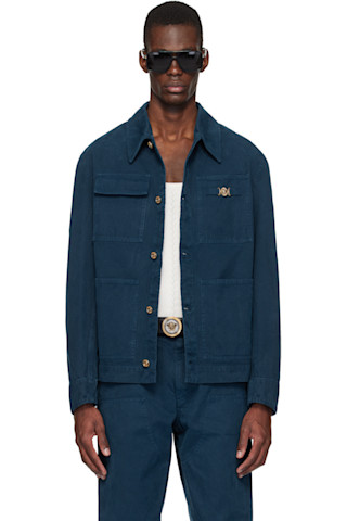Navy Overdyed Canvas Carpenter Jacket by Versace on Sale