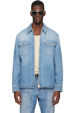 Blue Denim Zip Overshirt by Versace on Sale