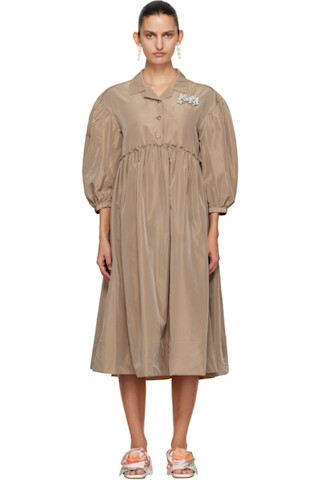 Simone Rocha: Tan Embellished Signature Smock Shirt Midi Dress