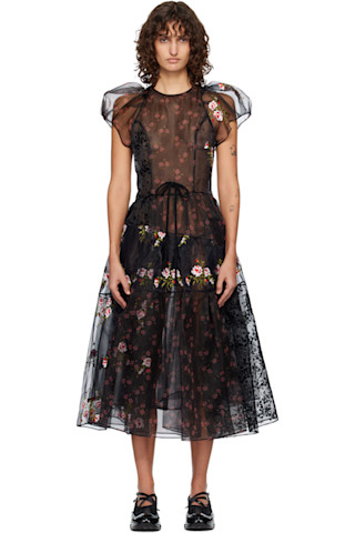 Simone Rocha: Black Sheer Puff Sleeve Patchwork Flounce Midi Dress