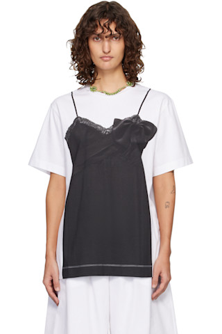 Simone Rocha: White & Black Bow Sash Slip Dress Trompe L'Oeil T