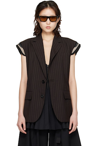sacai: Brown Chalk Stripe Vest | SSENSE