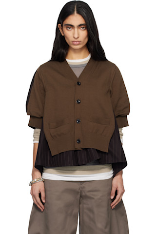 sacai: Brown Chalk Stripe & Cotton Knit Cardigan | SSENSE