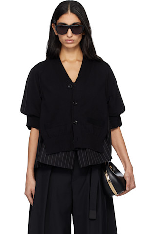 sacai: Black Chalk Stripe & Cotton Knit Cardigan | SSENSE