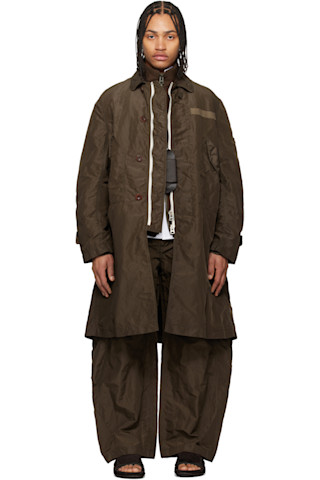 sacai: Khaki Treated Nylon Twill Coat | SSENSE
