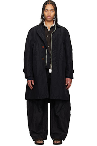 sacai: Black Treated Nylon Twill Coat | SSENSE