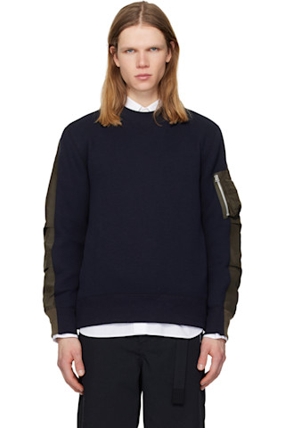 sacai: ネイビー＆カーキ Sponge Pullover スウェットシャツ | SSENSE 日本