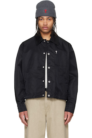 AMI Paris: Black Nylon 'Ami De Coeur' Stud Buttoned Jacket | SSENSE