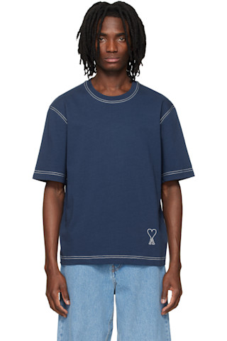 Blue Boxy Fit Topstitched Ami de Coeur T-shirt by AMI Paris on Sale