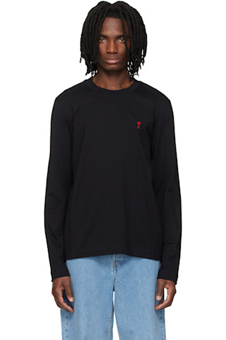 AMI Paris: ブラック Ami de Coeur コットン 長袖Tシャツ | SSENSE 日本