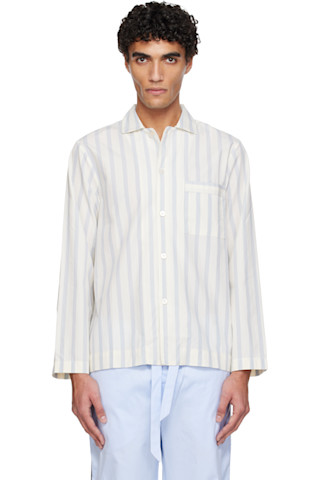 White & Blue Poplin Long-Sleeved Pyjama Shirt