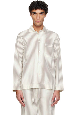 White & Brown Poplin Long-Sleeved Pyjama Shirt