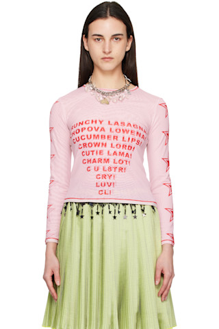 Chopova Lowena: Pink 'Crunchy Lasagna' Fitted Mesh Top | SSENSE