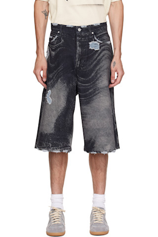 CAMPERLAB: Black Distorted Print Distressed Denim Shorts | SSENSE