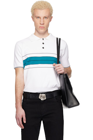 b*o様 ERNEST W. BAKER PIN STRIPE POLO Ernest W. Baker: White & Green Striped Polo | SSENSE