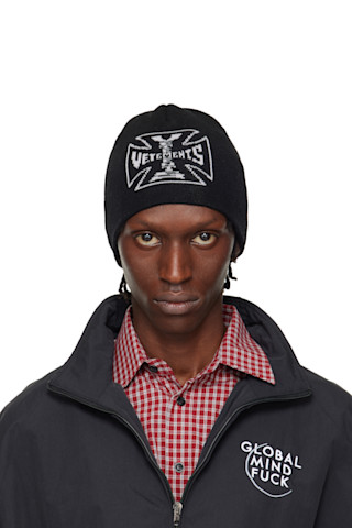 VETEMENTS: Black Biker Cross Logo Beanie | SSENSE