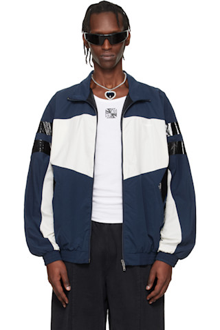 VETEMENTS: Navy & White Taped Track Jacket | SSENSE