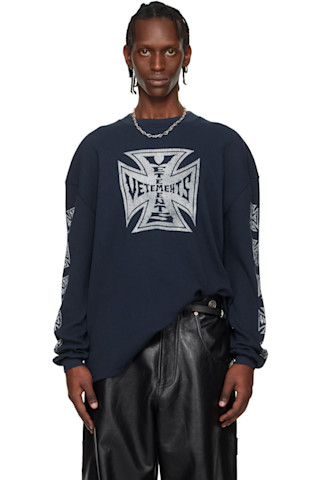 VETEMENTS: Navy Biker Cross Waffle Longsleeve T-shirt | SSENSE