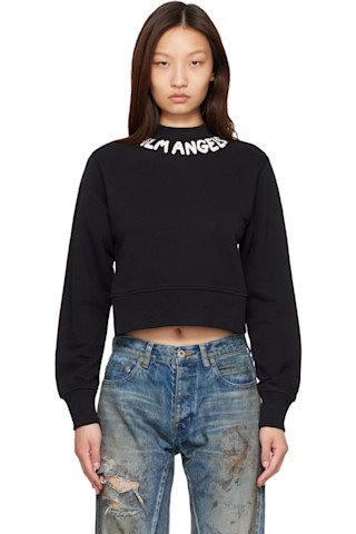 Black Neck Logo Fitted Sweatshirt by Palm Angels on Sale