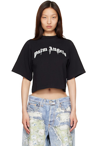 Palm Angels: Black Dripping Curved Logo Boxy T-shirt | SSENSE