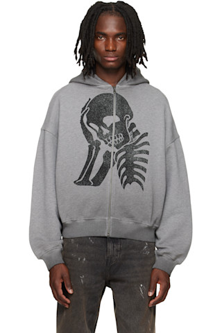 Gray Skull Zipped Loose Hoodie by Palm Angels on Sale